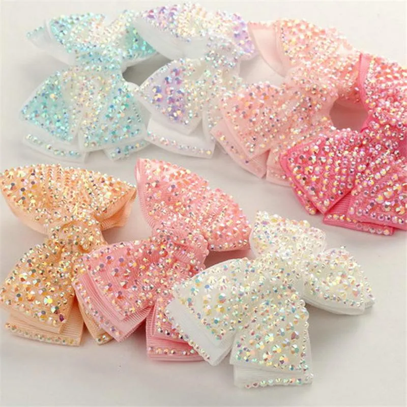 12 Pcs/Lot 4"Plain Rhinestone With Black Clips For Kids Girls Boutique Crystal Bows Hairgrips Hair Accessories 6 Colors_voghion.com