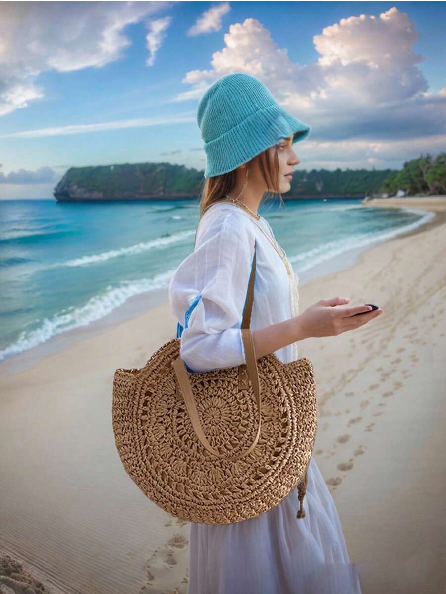 Borsa a tracolla classica da donna in paglia intrecciata, rotonda, accessorio indispensabile, borsa per le vacanze estive, essenziale._voghion.com