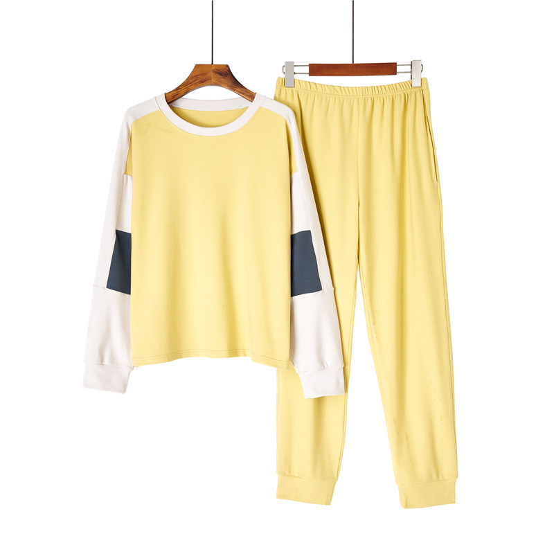 Pigiama da donna con scollo tondo, colore testa a contrasto, caldo e morbido set da indossare per la casa_voghion.com