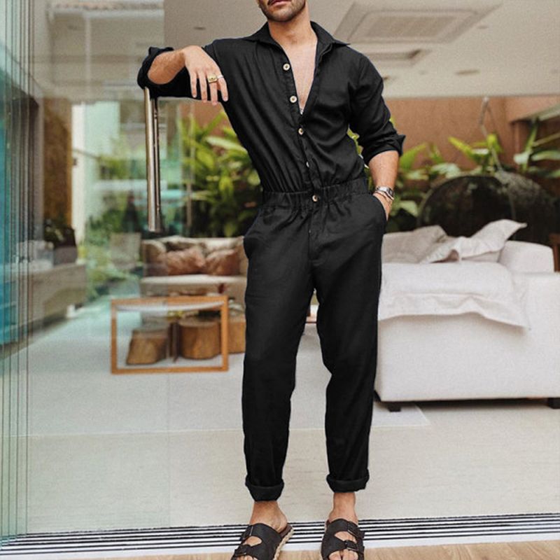 2024 Mænd Ensfarvet Jumpsuit Playsuit Knapper Casual Cargo Tøj Overalls Turn Down Krave Langærmet Oversized_voghion.com