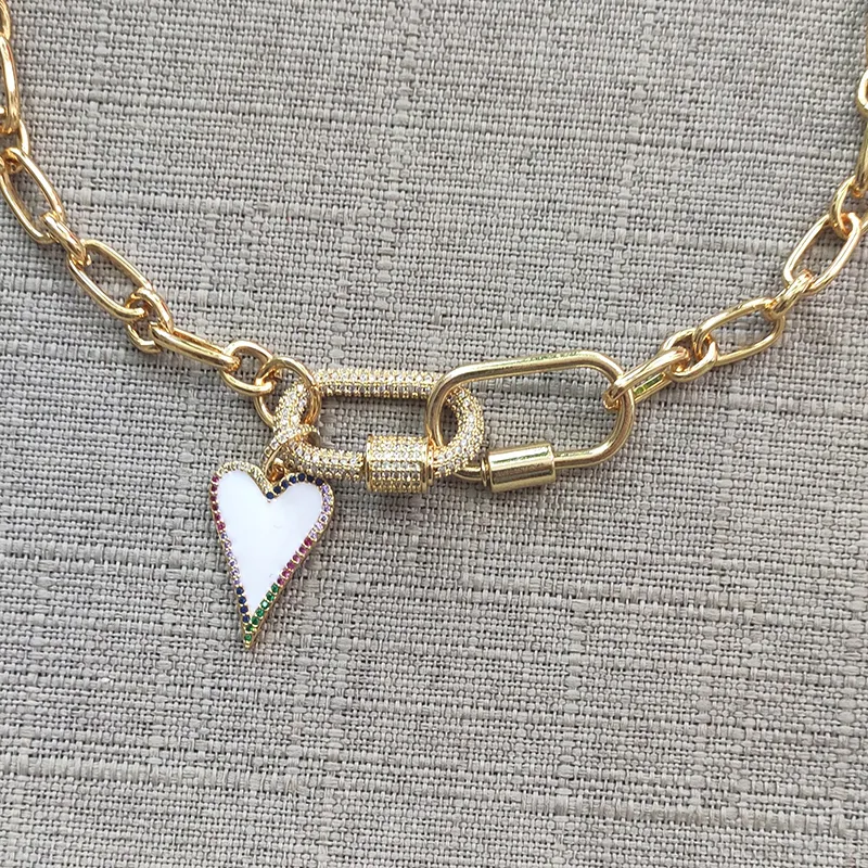 Collane con ciondolo Moda Cuore bianco Collana Catena color oro massiccio per donne Stile hip-hop Choker apribile Moschettone_voghion.com