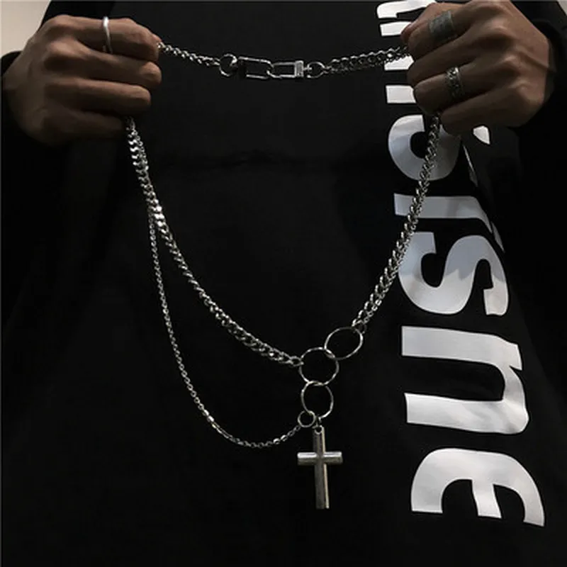 Warstwowy naszyjnik z łańcuchem krzyżem i kołami rock unisex_voghion.com