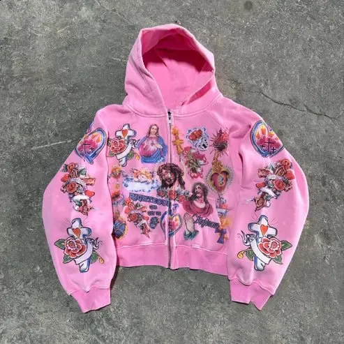 Vintage Risen King Graphic Print Oversized Zip-Up Hoodie Men Y2K Autumn Long Sleeves Casual Sweatshirt Streetwear Women_voghion.com