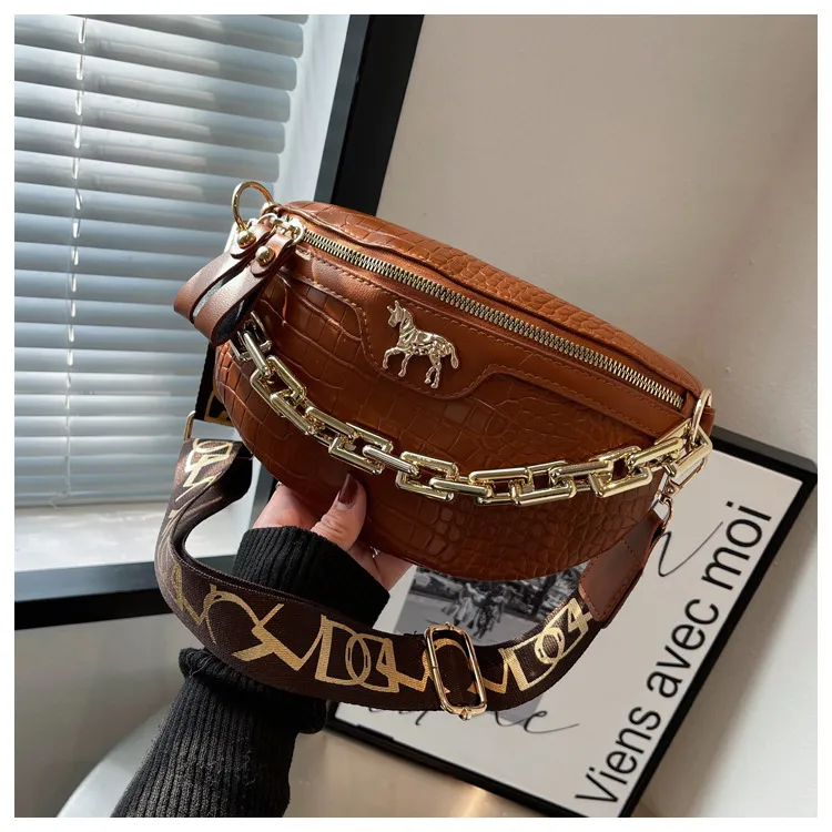 Thick Chain Women's Waist Fanny Pack Fashion Crossbody Chest Bags Female Belt Crocodile Shoulder Bag_voghion.com