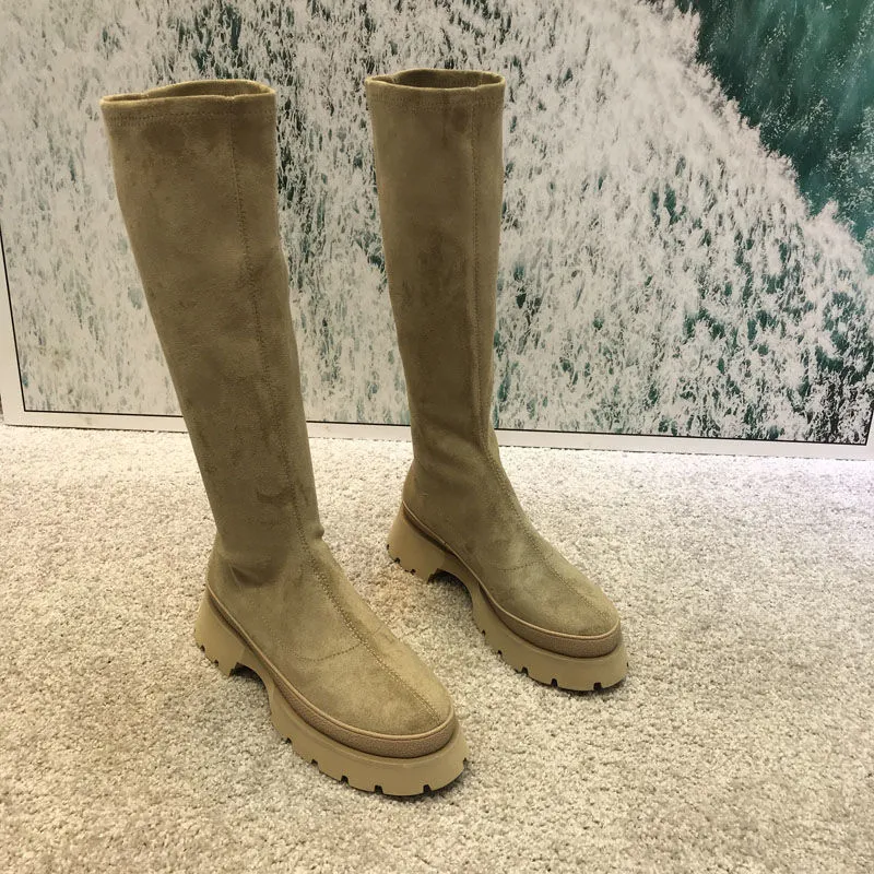 Frauen Herbst Winter Neue Plattform Dünne Ärmel Stretch frauen Runde Kappe Vintage Hohe Stiefel Botas De Mujer_voghion.com