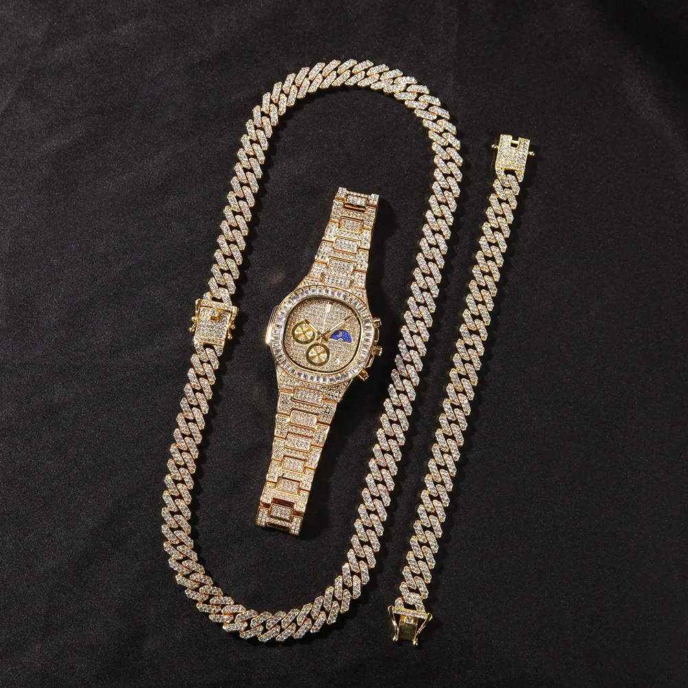Set orologio bracciale e collana iced out da uomo finitura oro_voghion.com
