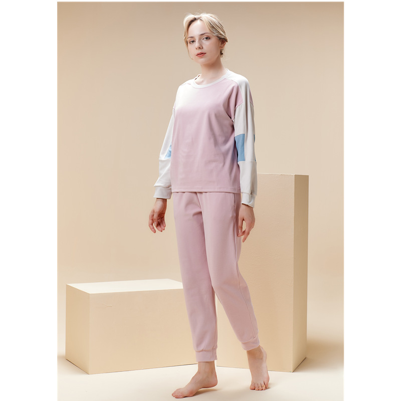 Pigiama da donna con scollo tondo, colore testa a contrasto, caldo e morbido set da indossare per la casa_voghion.com