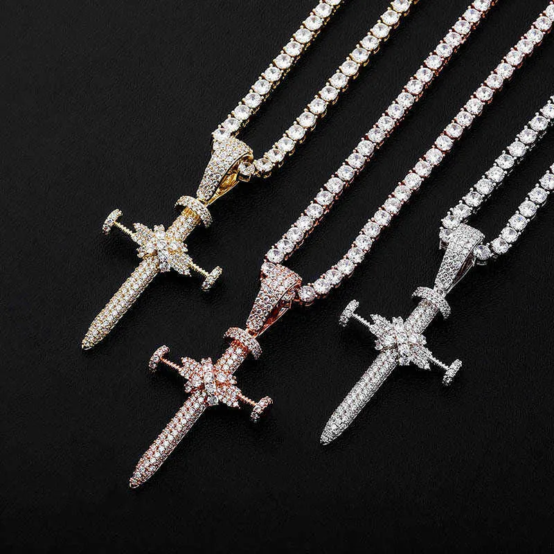 Unisex Ins Full Zircon Nail Cross Pendant Necklace Hip Hop Punk Jewelry Bling Real Yellow Gold Shiny Cz Stone Cubic_voghion.com