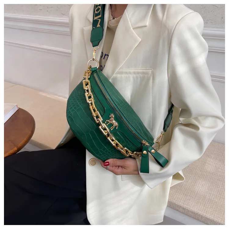 Thick Chain Women's Waist Fanny Pack Fashion Crossbody Chest Bags Female Belt Crocodile Shoulder Bag_voghion.com