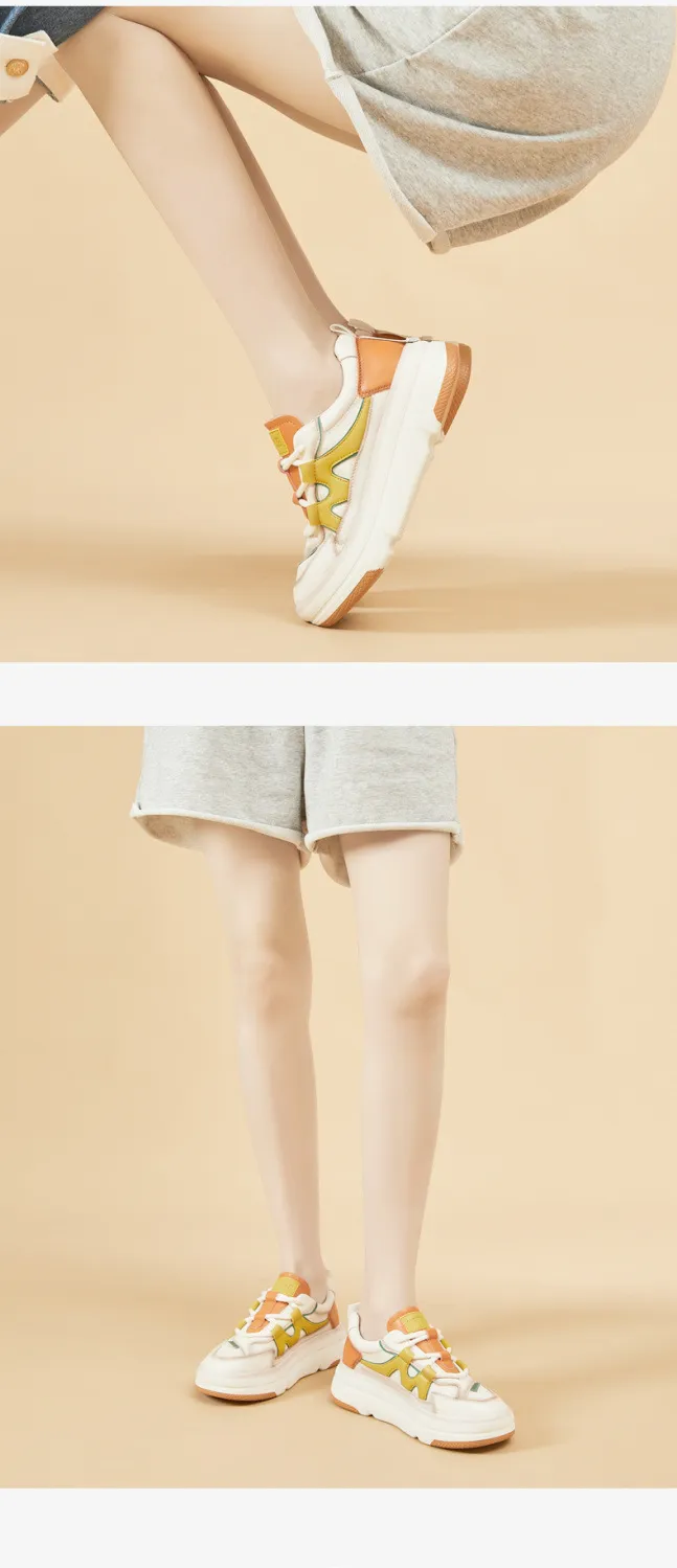 Genuine Leather Thick Soled Round Toe Low Top Skateboarding Casual Fashionable Versatile And Cute Sports Shoes_voghion.com