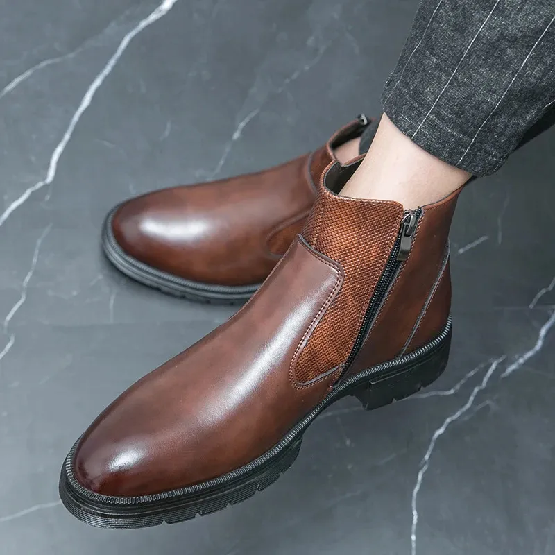Classic Leather Business Ankle Boots For Men With Double Buckle_voghion.com