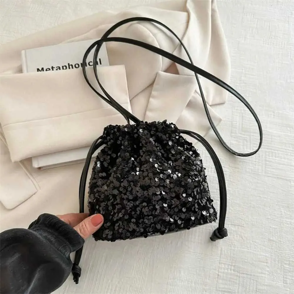 Borsa a tracolla con paillettes versatile alla moda, semplice e alla moda, piccola borsa a mano con coulisse, borsa a secchiello da festa_voghion.com