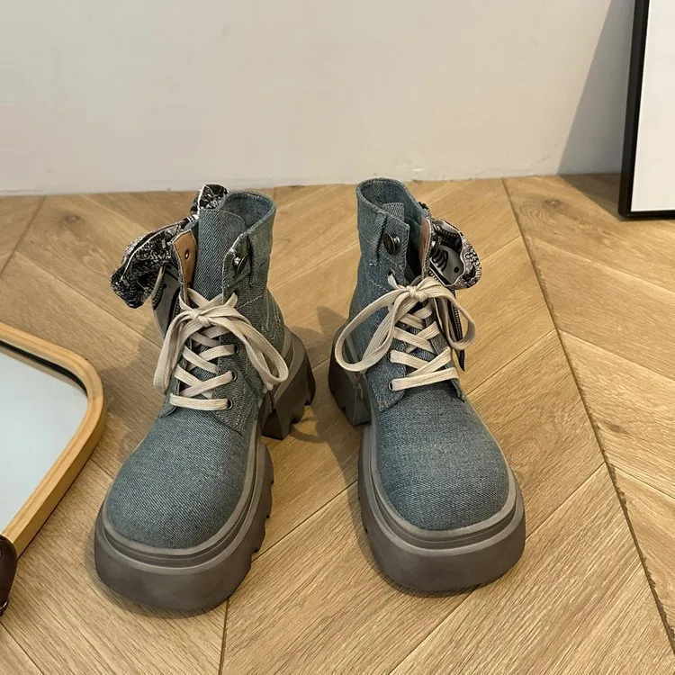 Ladies' denim canvas Martin thick soled short boots_voghion.com