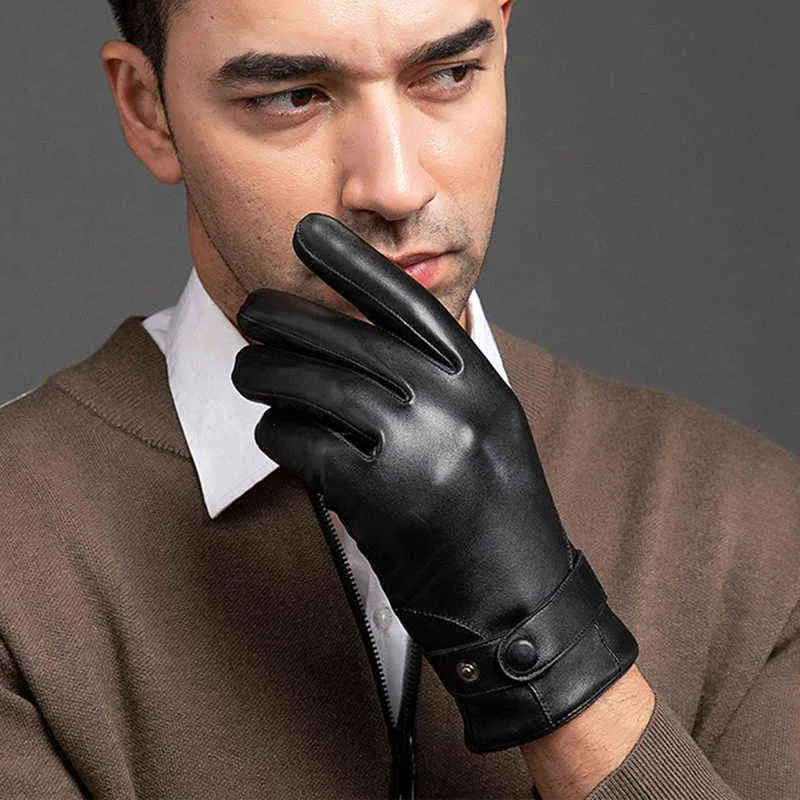 Gants de moto en cuir de mouton pour hommes d'affaires d'automne et d'hiver avec écran tactile et doigts complets, noirs, NR196 211224_voghion.com