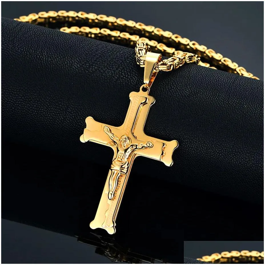 14 karat guld stort Jesus kors vedhæng med lang kæde herre farve krucifiks halskæder mandlige relius smykker drop levering_voghion.com