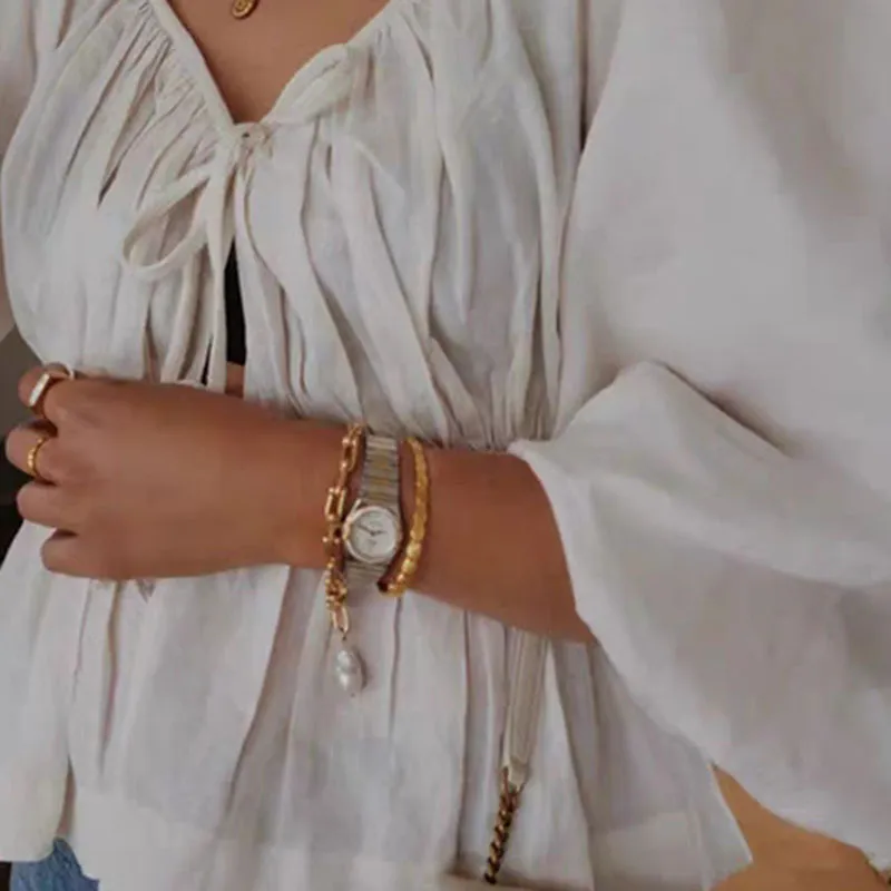 Brazalete de concha con banda abierta, brazalete de acero inoxidable para mujer, joyería minimalista, sencilla y elegante, para playa y verano_voghion.com