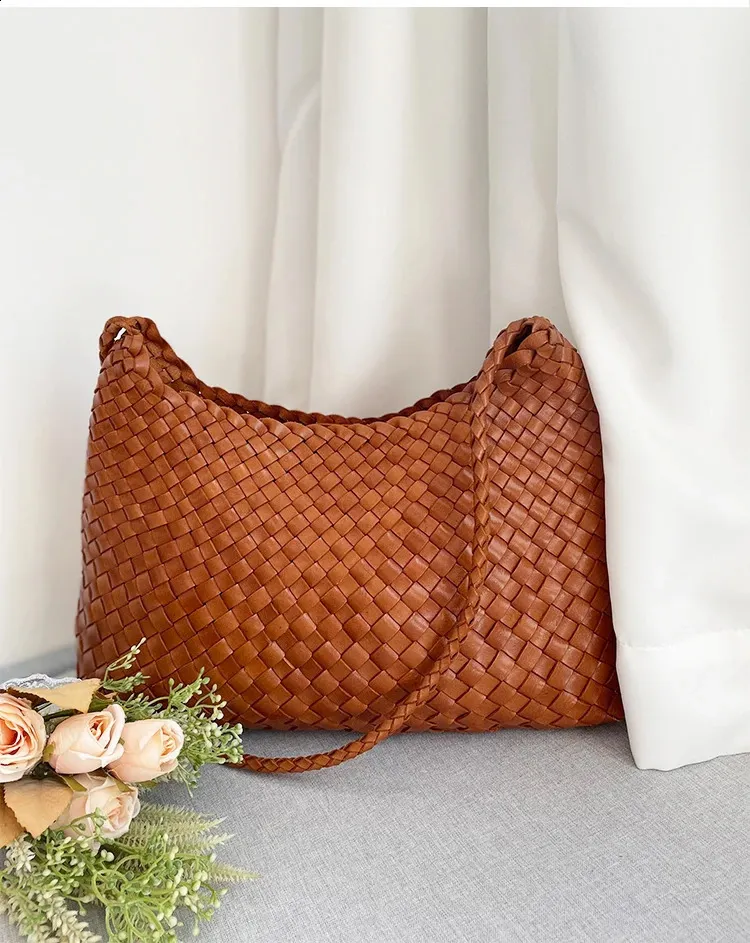 drago intrecciato panino strato superiore pelle bovina donna francese cestino fatto a mano vintage pelle borsa a tracolla tracolla grande capacità_voghion.com