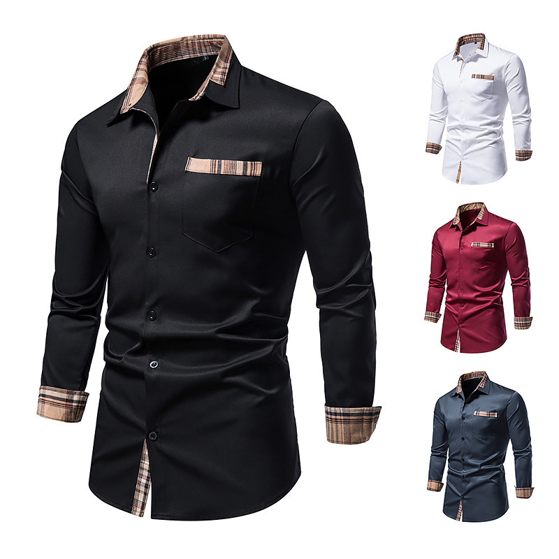 Autumn new men's color-blocked casual long-sleeved formal shirt men's slim-fit plaid collar button-down shirt