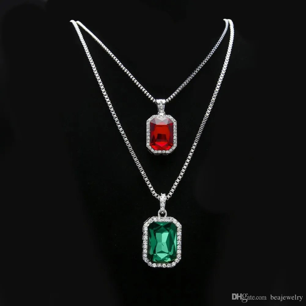 nuova moda 2 pezzi set argento placcato oro ghiacciato quadrato rosso rubino Blg strass ciondolo collana hip hop scatola portagioie_voghion.com