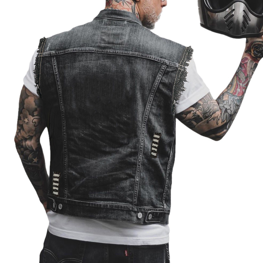 men's clothing punk casual men's denim vest sleeveless lapel denim jacket_voghion.com
