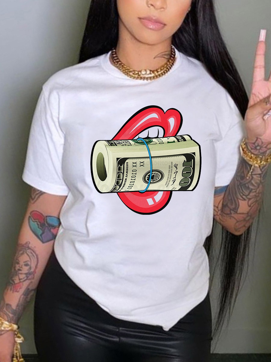 Damen Kurzarm Rundhals weißes Kurzarm T-Shirt Mode Lippen Dollar Druck_voghion.com