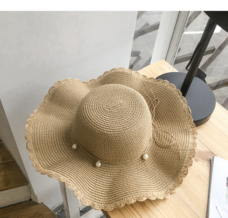 Hat for women in summer, small refreshing waves, large brimmed straw Korean version, versatile pearl, casual protection,_voghion.com