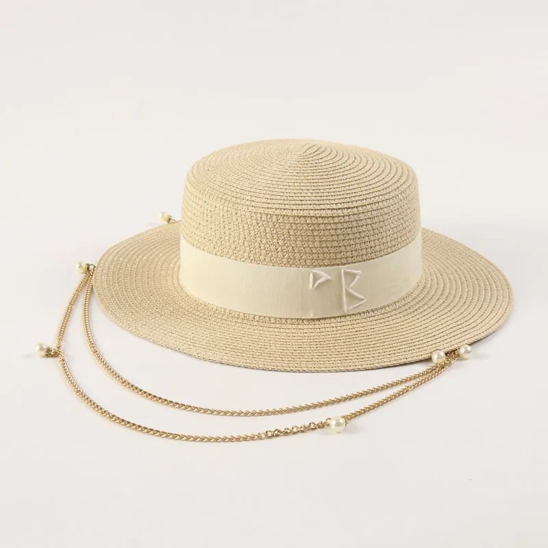Damen Strohhut Mit Perlenbesatz Und Breiter Krempe Für Den Sommer_voghion.com