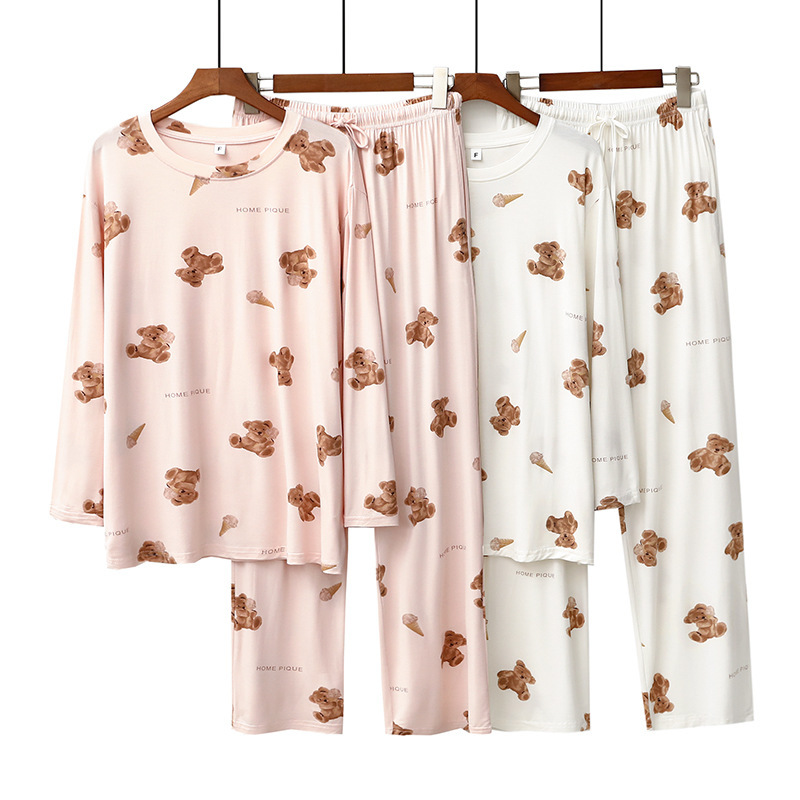 Abbigliamento da donna Primavera e autunno GP Modal Pigiama da donna Orso gelato Stampa Girocollo Pantaloni a maniche lunghe Set di vestiti per la casa carino_voghion.com