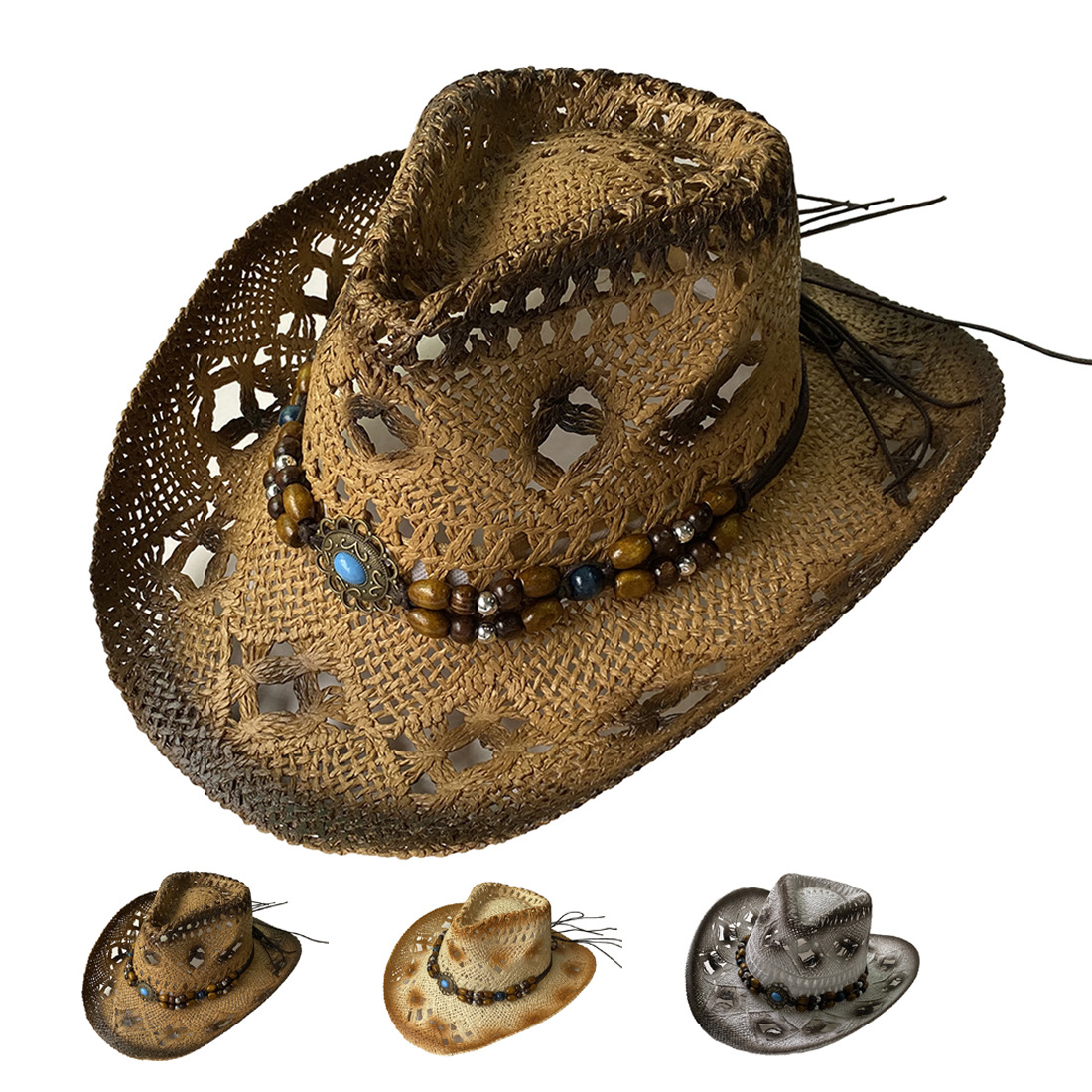 Pălărie de vară pentru bărbați, tricotată, cu paie de viță de vie, stil cowboy, cu protecție solară, pentru pescuit, zonă pitorească_voghion.com