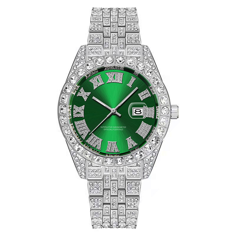 Hip hop Men Brand Full Diamond Alloy Band Date Watch_voghion.com