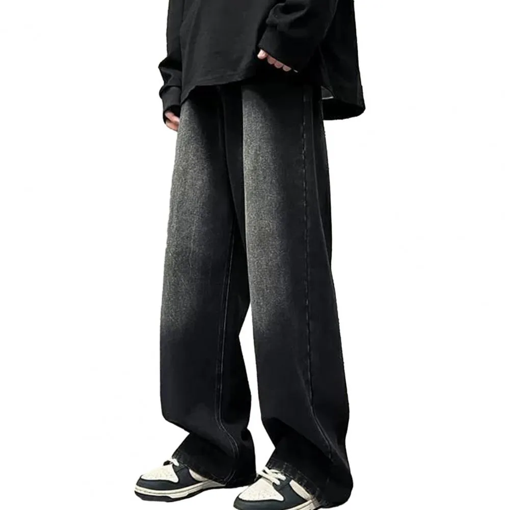 Men's Jeans Men Retro Washed Blue Hop Denim Trousers With Gradient Contrast Color Wide Leg Pockets High Street Style For_voghion.com