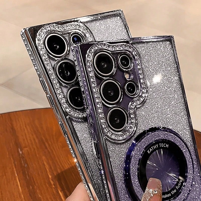 1pc Luxury Plating Gradient Glitter Diamond Stand Holder Phone Case For SamsungS24 S25 Ultra S23 Ultra S22 Ultra S23 Protective Shockproof Cover_voghion.com