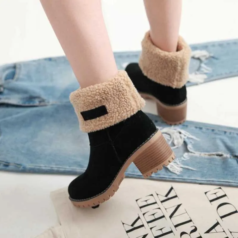 Casual Female Winter Fur Snow Warm Plush Womens Shoes Square High Heel Ankle Boots Black Botas De Mujer J241130_voghion.com