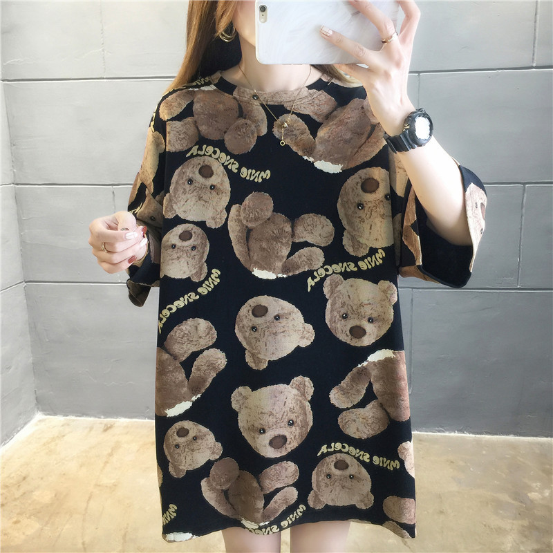 Loses T-Shirt mit Cartoon-Bär für Damen, kurzärmelig, für Studenten, große Größe, mittelgroß und lang_voghion.com