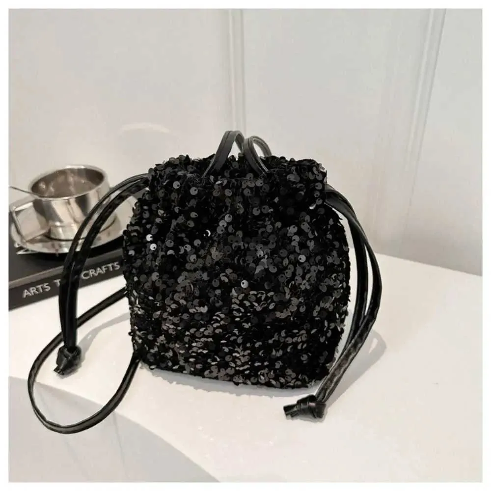 Borsa a tracolla con paillettes versatile alla moda, semplice e alla moda, piccola borsa a mano con coulisse, borsa a secchiello da festa_voghion.com