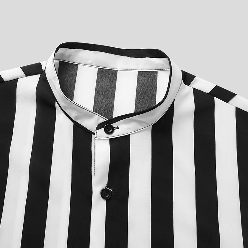 Camicia da uomo con colletto alla coreana a maniche corte a righe casual a maniche corte con bottoni alla moda autunnale_voghion.com