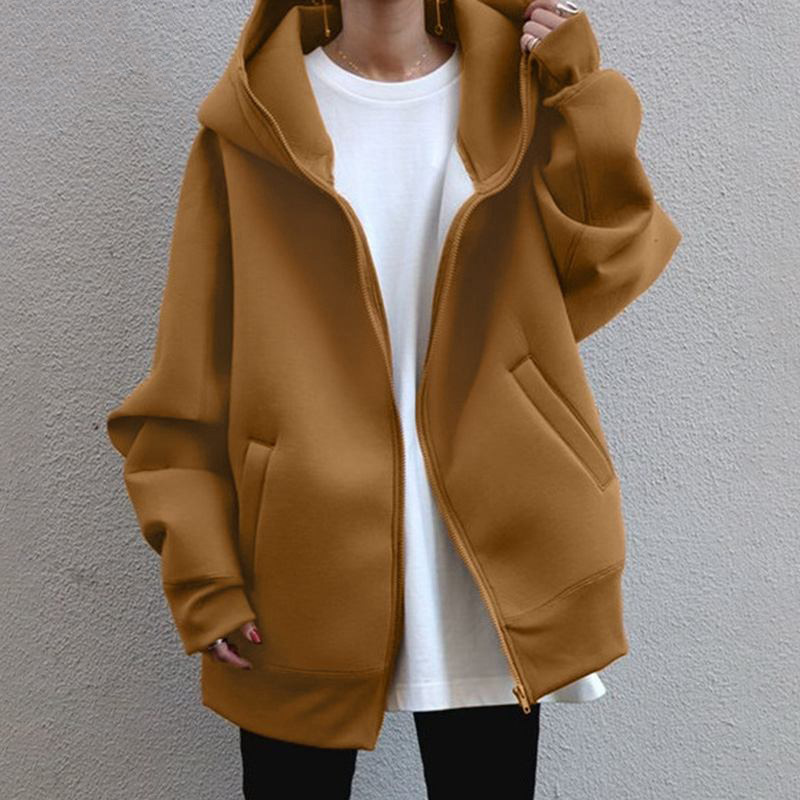 Ropa de mujer Otoño e Invierno Nuevo estilo Sudadera de calle personalizada Cremallera Sudadera holgada con capucha Sudadera larga de terciopelo Casual