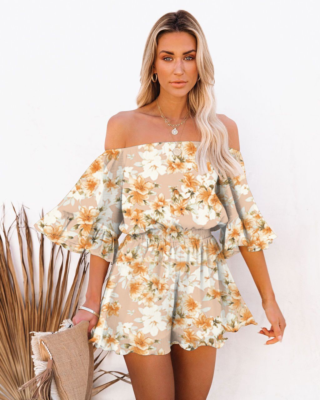 Kurzärmliger, lockerer, einfarbiger Chiffon-Overall für Damen_voghion.com