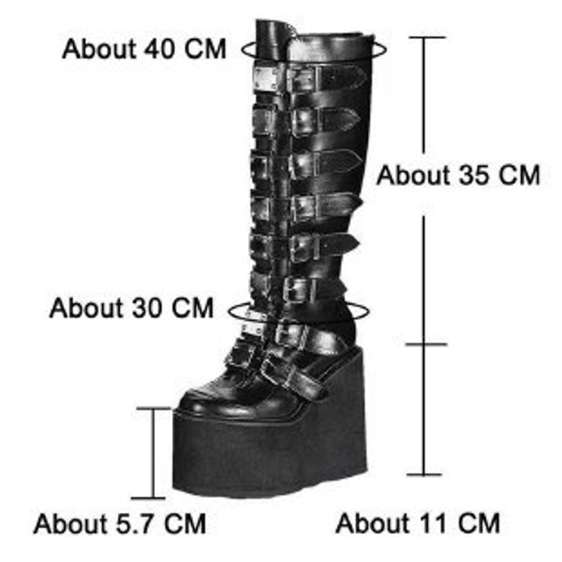 Demonia Buckle Thick Sole 2023 New Gothic Slope Heel High Barrel Women's Punk Style Spicy Girl Knight Boots_voghion.com