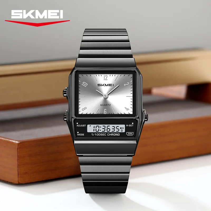 Shockproof Dual Display Quartz Watch For Men Stainless Steel Chrono_voghion.com