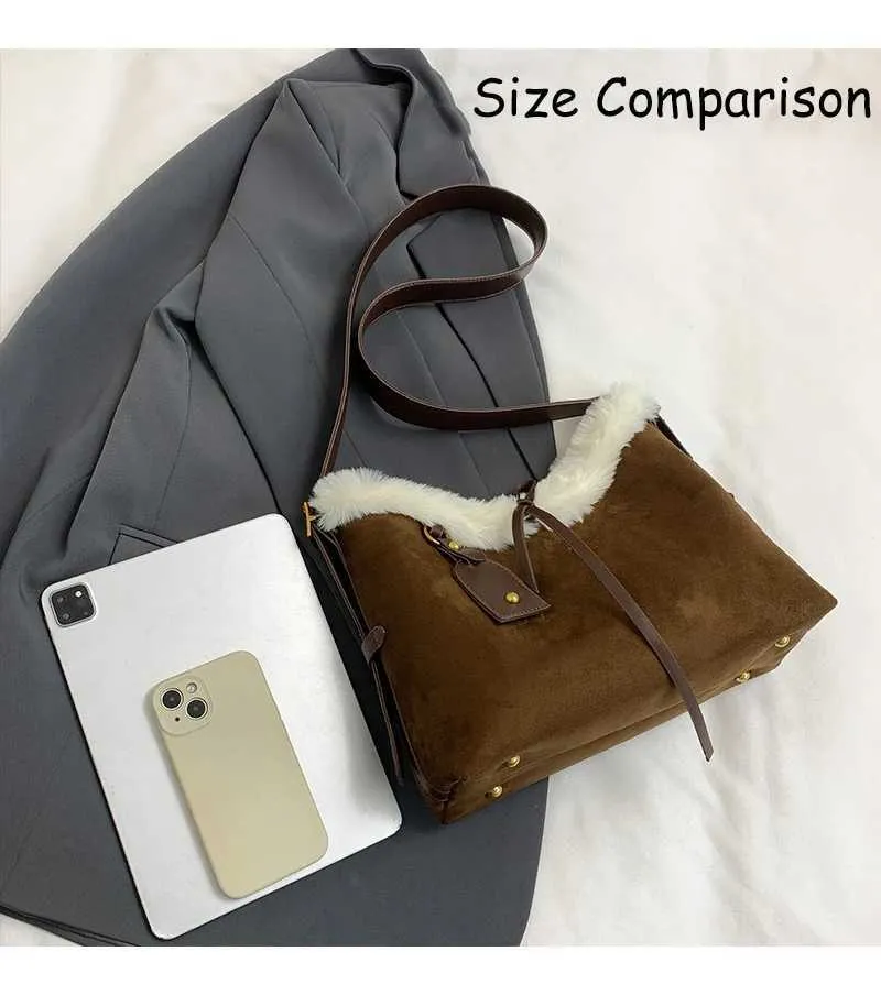 Sacs à bandoulière en daim de grande capacité pour femmes, sacoches solides et souples, sacs décontractés pour l'automne et l'hiver, patch en peluche pour femmes_voghion.com