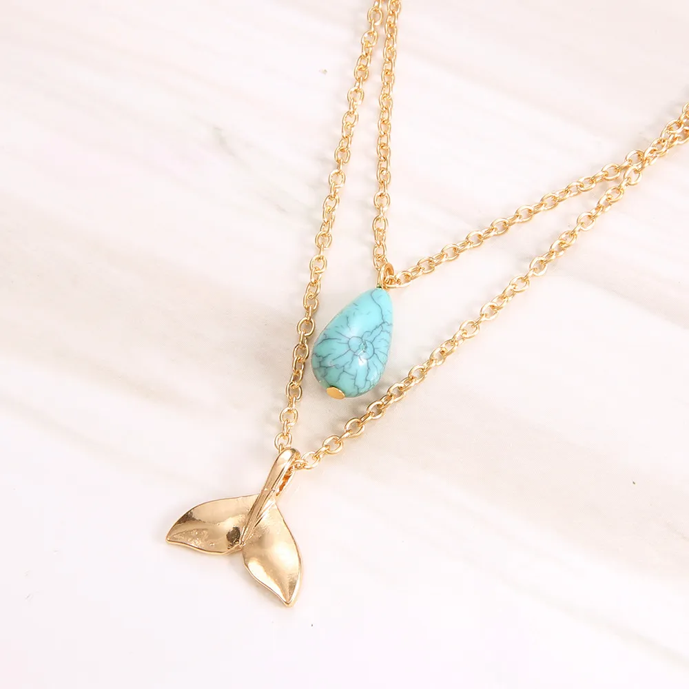 Layered Pendant Necklaces With Turquoise Fishtail Gold Chain Gift_voghion.com