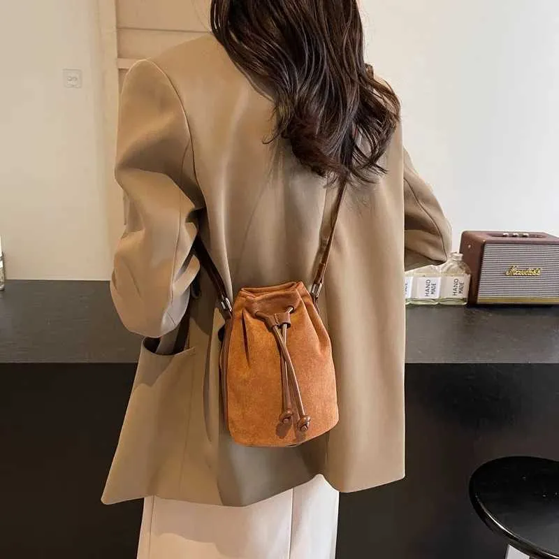 Suede Drstring Small Shoulder Bag Dark BrownC241217_voghion.com