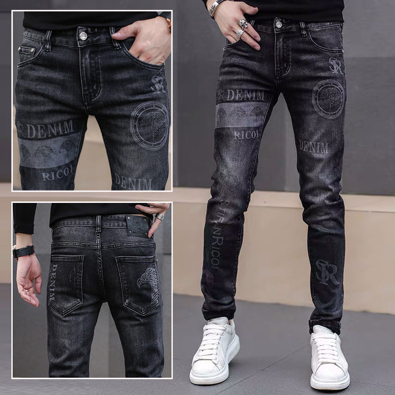 Men's slim fit slim elastic printed denim trousers men's trendy brand
