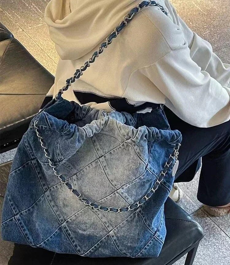 Denin – sacs fourre-tout bleus pour femmes, fourre-tout populaire tendance en treillis de diamant, épaule de grande capacité, sac sous les bras en toile d'automne 2024, nouvelle collection_voghion.com