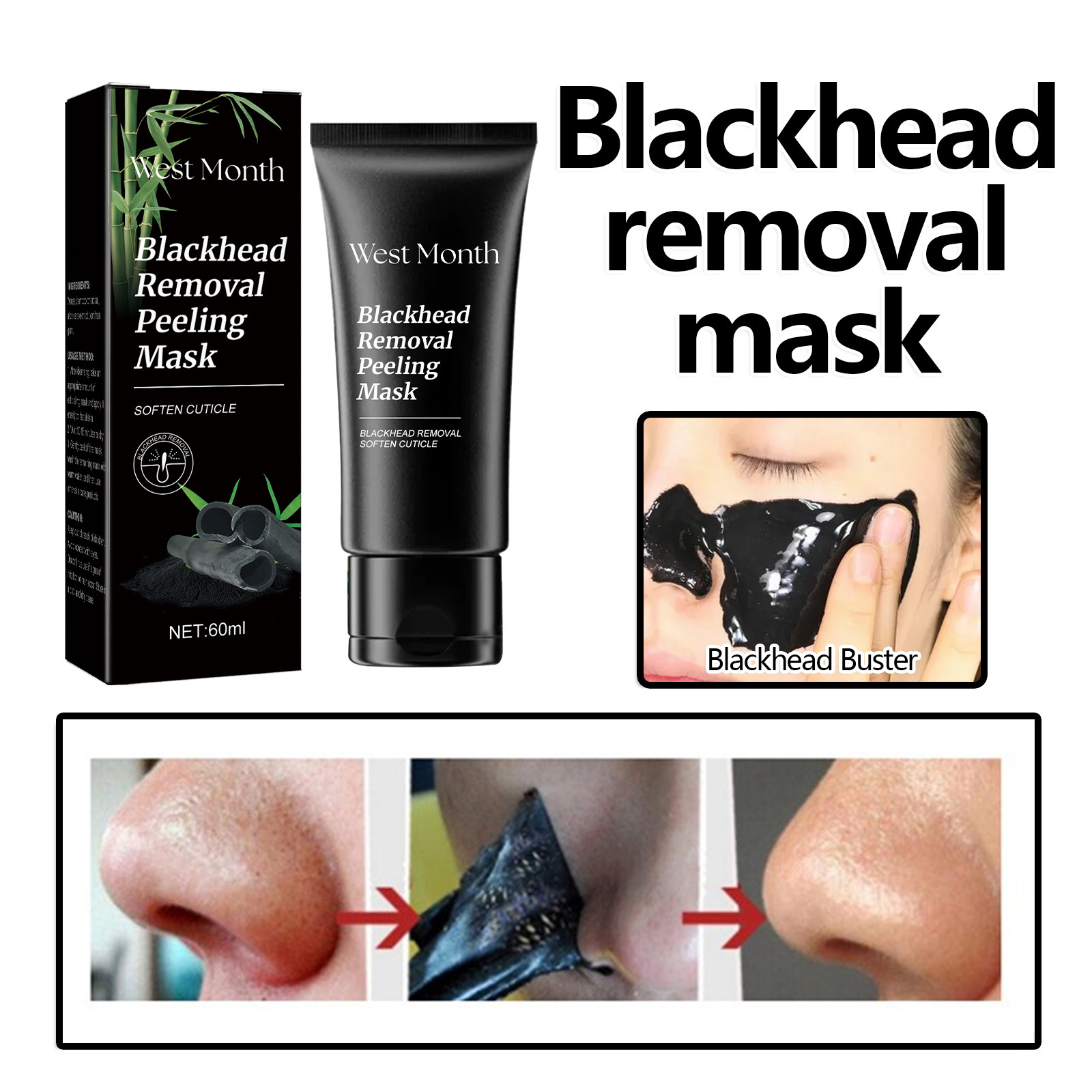 Mascarilla facial desmaquillante West&Month que hidrata el rostro, limpia los puntos negros y el acné, aclara las marcas del acné y afina los poros._voghion.com