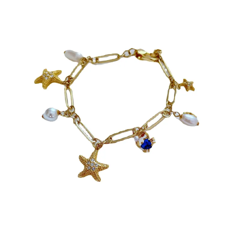 Sea animal starfish designer bracelet for women girls shine diamond nature pearl bamboo chain love four star fish cute_ipsvogv.com