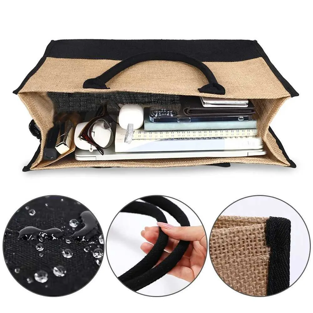 Sac de courses en toile de jute, sac à main léger, portable, grande capacité, organisateur d'épicerie pour femmes, guirlande de lettres_voghion.com