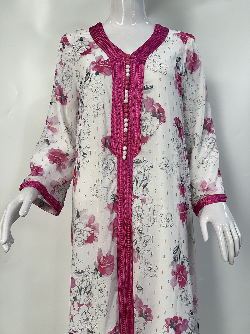 Abbigliamento donna Moda Medio Oriente Nuovo Oro Seta Chiffon Stampa a inchiostro Abito Donna Abaya Stile etnico Arabo Dubai Abito_voghion.com