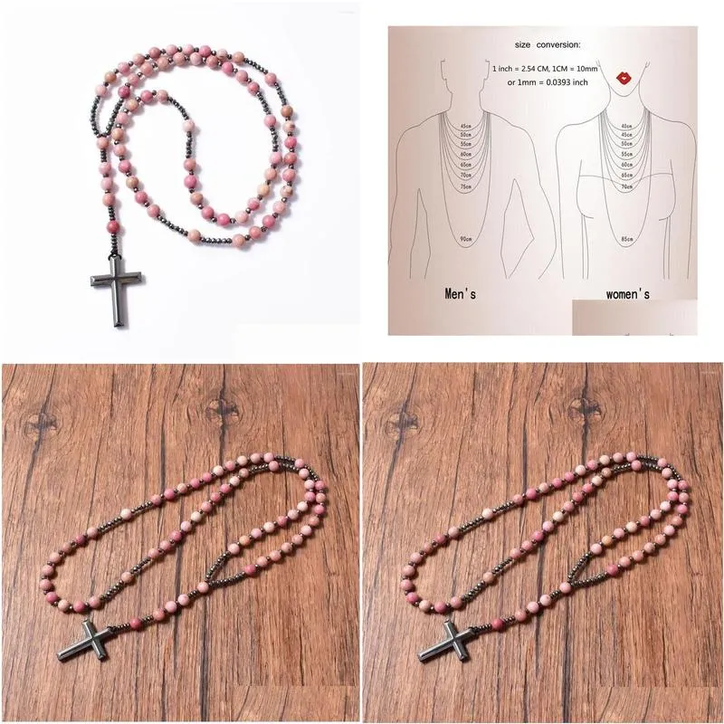 Rhodonite And Hematite Rosary Pendant Necklace For Men And Women_voghion.com